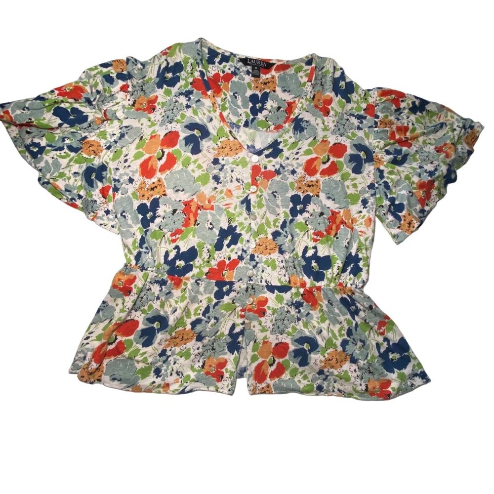 Lauren Ralph Lauren Black Label Floral‎  Blouse Short Sleeve Peplum Cottagecore